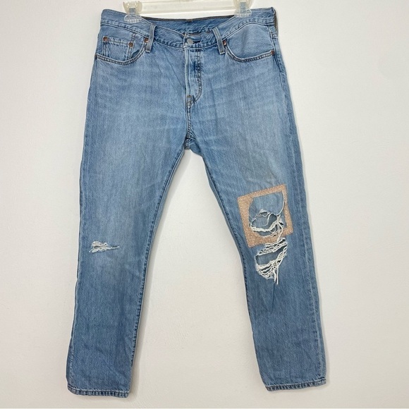 LEVI’S 501 Button Fly Denim Blue Jeans Destroyed Distressed Patch 33” W x 27” L - Picture 1 of 16